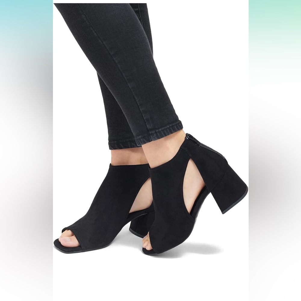 Chunky High Heel Booties Suede Open Toe Side Cut-Out Ankle Back Zipper 2” Block